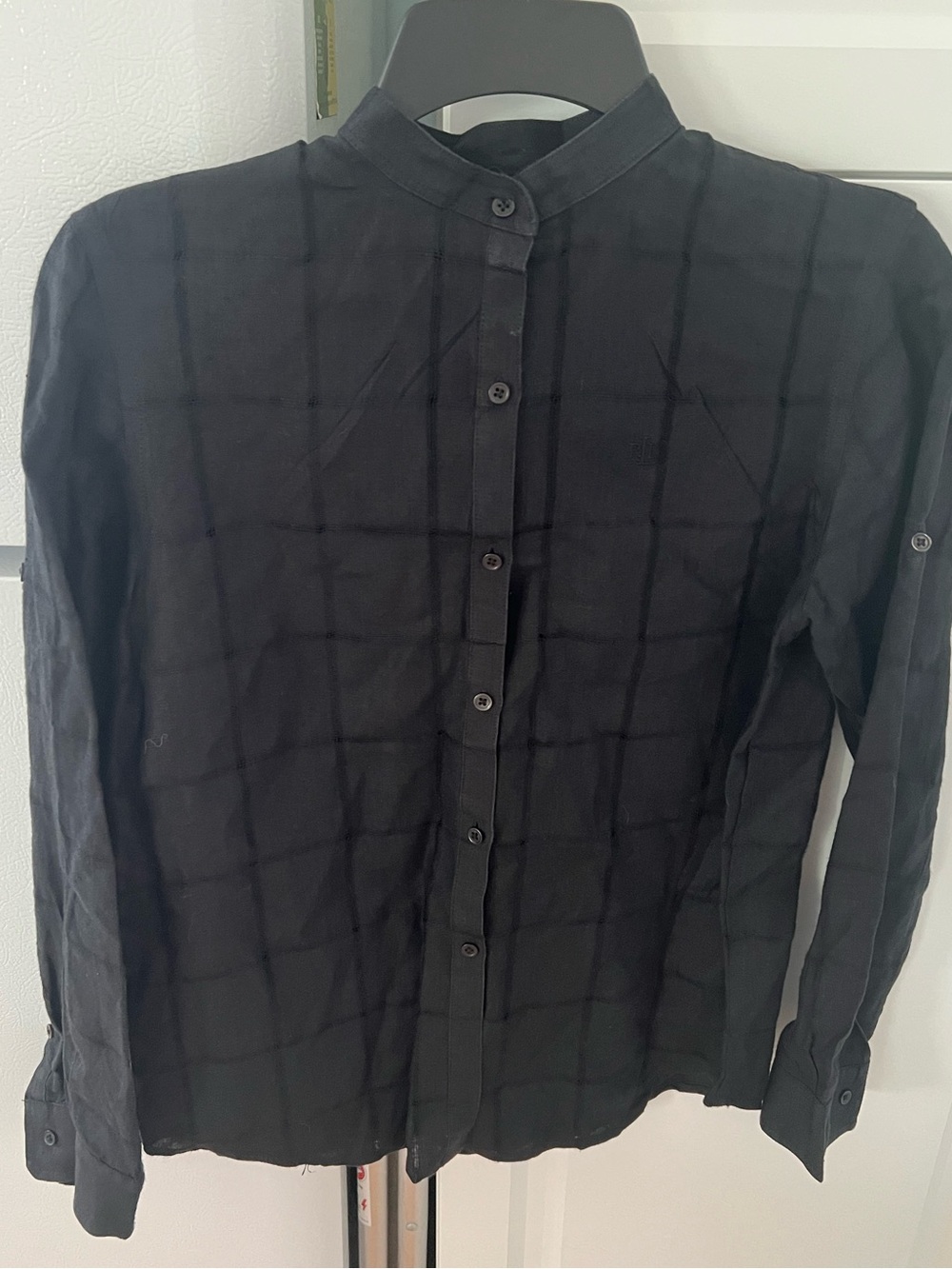 Lauren Ralph Lauren Black Linen Button Up Windowpane pattern shirt size S